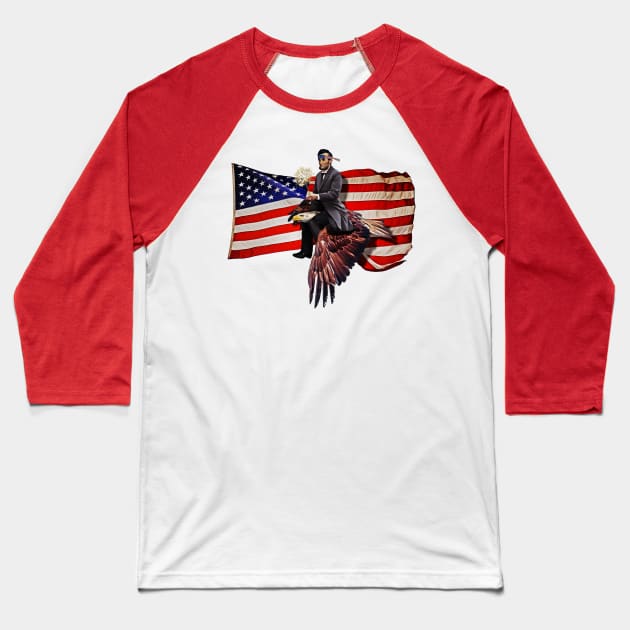 Abe Lincoln Riding Bald Eagle American Flag Baseball T-Shirt by HolidayoftheWeek